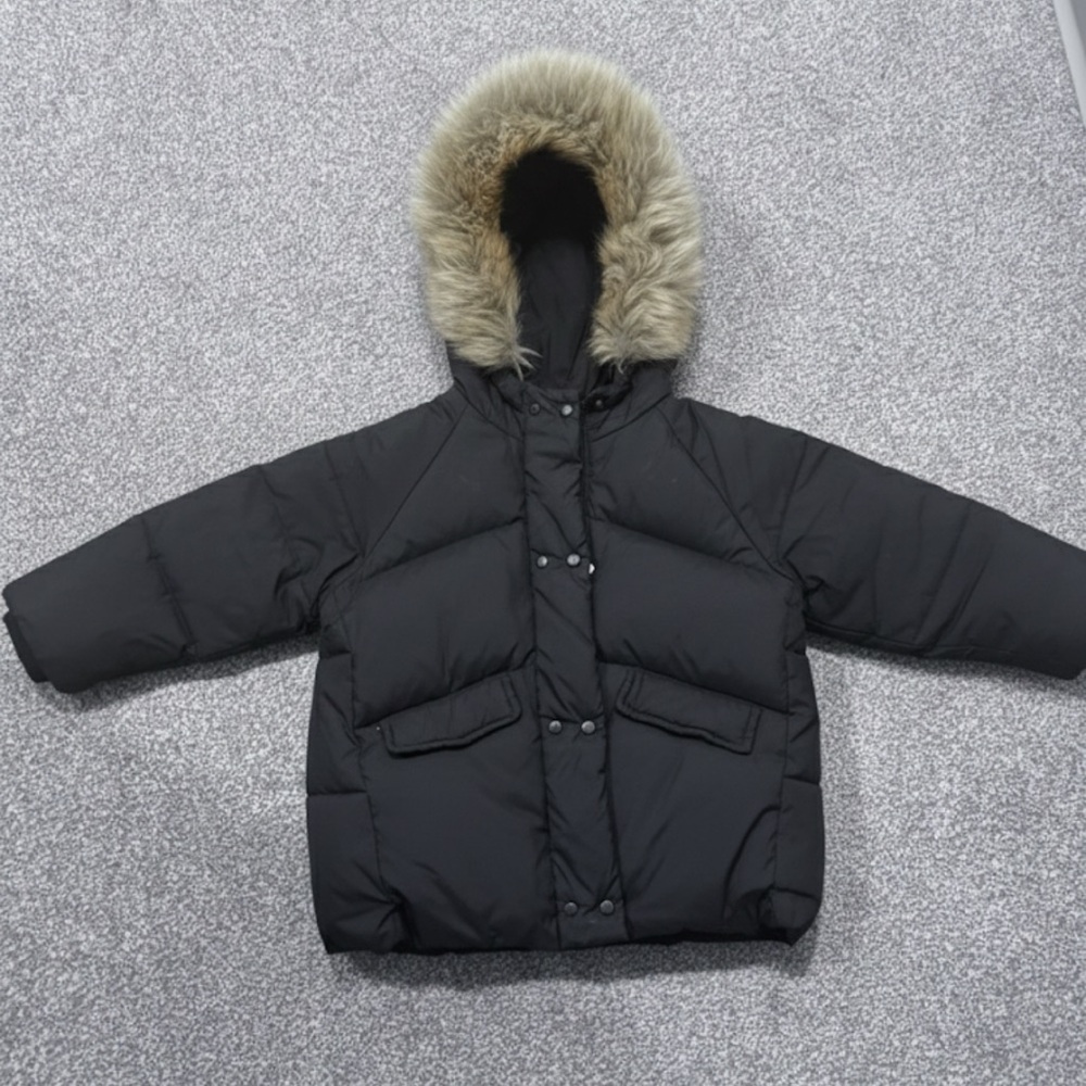 Zara kids, Stylish Black Puffer Jacket with Fur Hood